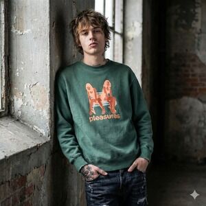 Pleasures Sweatshirt Mens Medium Green Graphic Print Crewneck Women Sitting